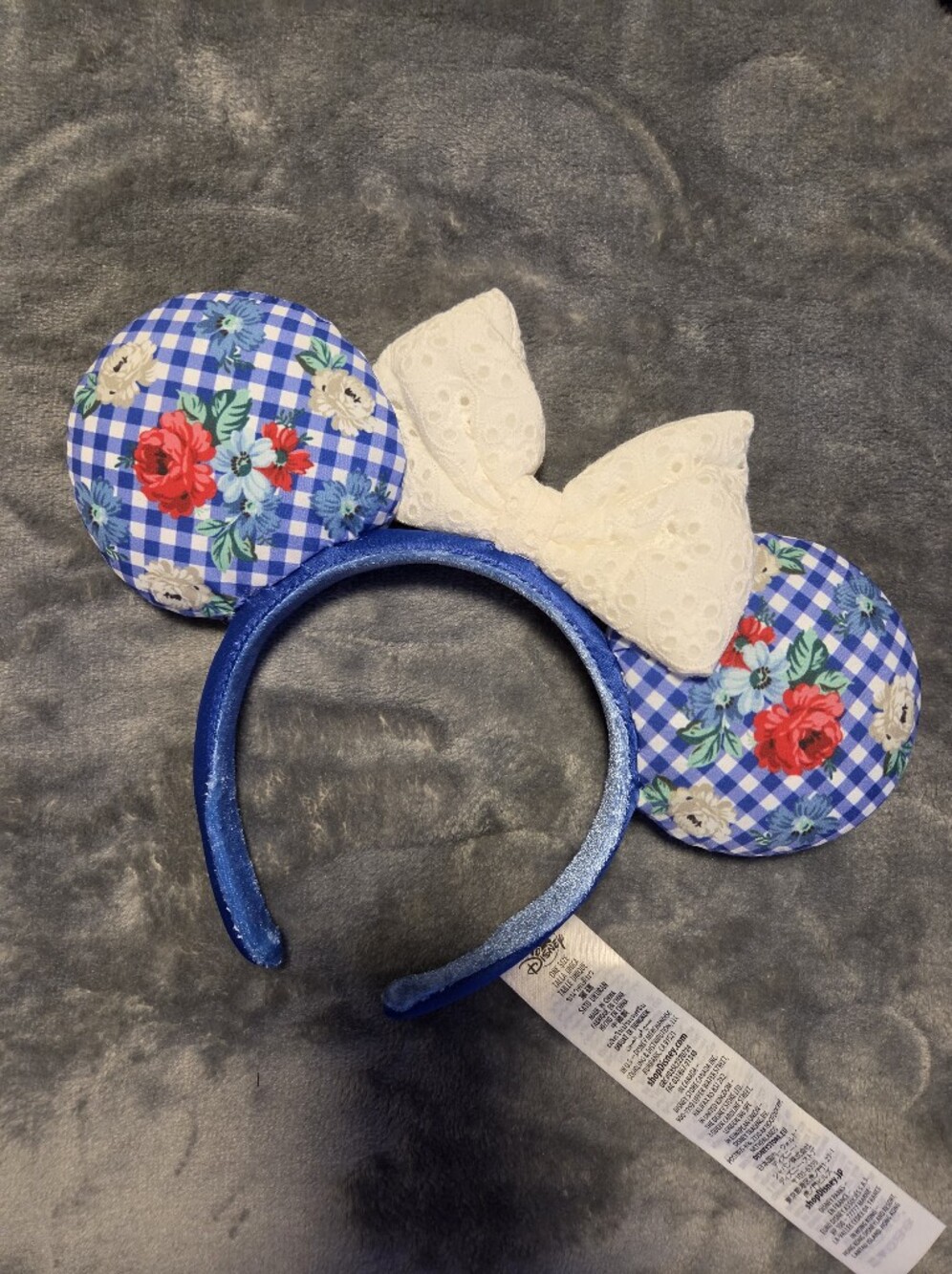 Disney Blue Gingham Floral Minnie Ears Headband White Bow